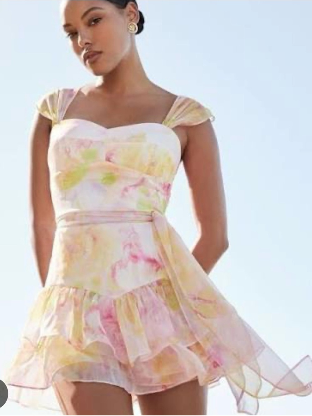 Amanda Uprichard Pink, Yellow & Cream Watercolor Ruffle Dress - Picture 5 of 7